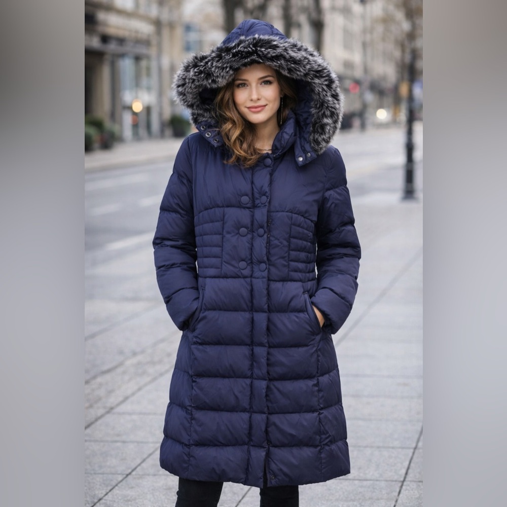 Navy Long Puffer Coat with Fur Hood size L